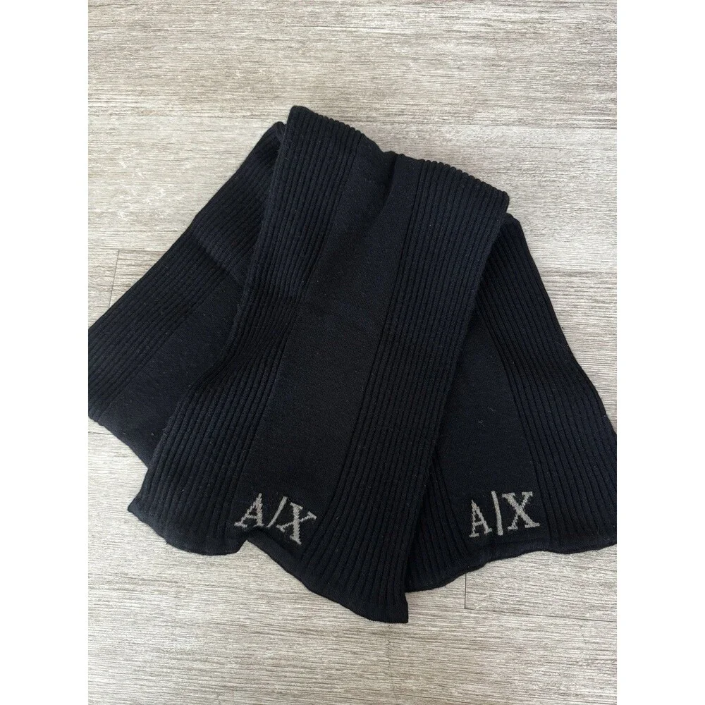 Vintage Armani Exchange Men’s Ribbed Scarf Black 100% Merino Wool 61